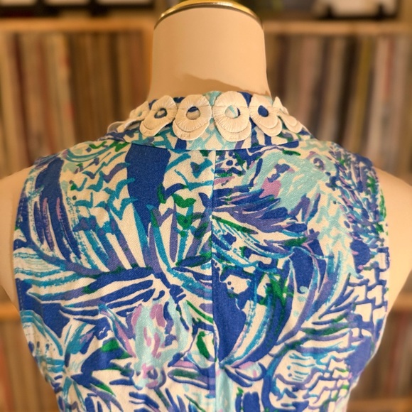 Lilly Pulitzer Jane Blue & Green Retro Size 6 Mod Dress White Trim Gold Zipper - Picture 7 of 9